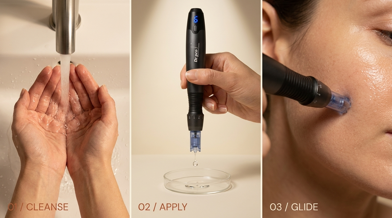 How-to steps visual — Cleanse, Apply, Glide